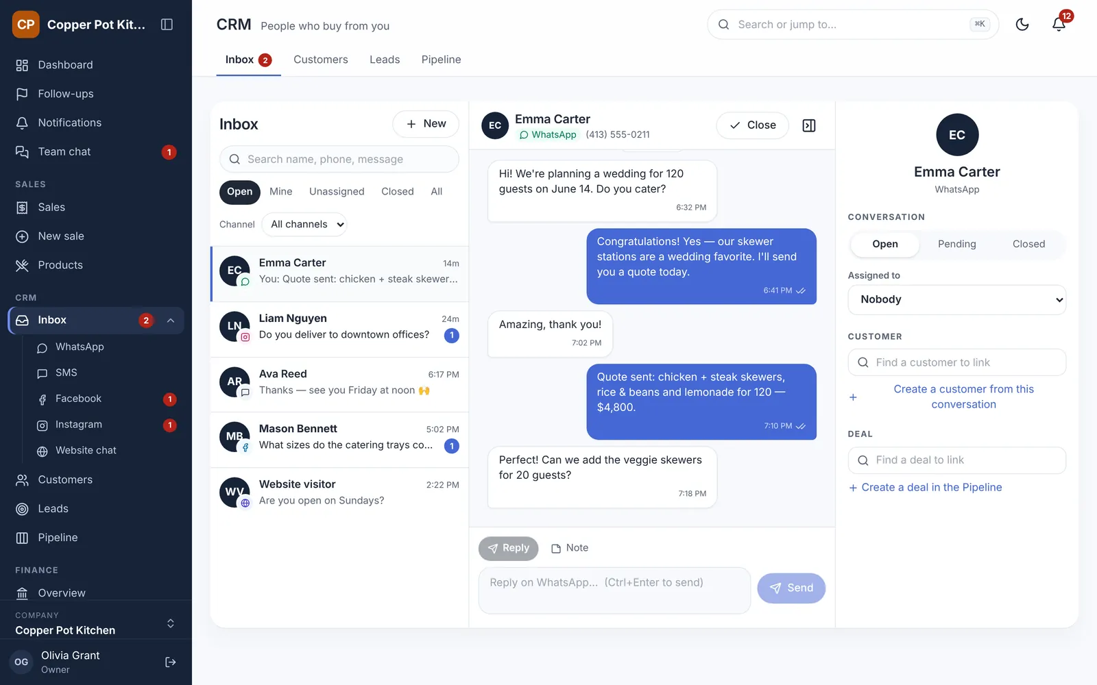 The shared inbox with WhatsApp, Instagram, SMS, Messenger and website chat conversations